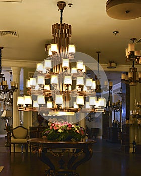 Luxury crystal chandelier lamp is lit up by led lamp bulbs