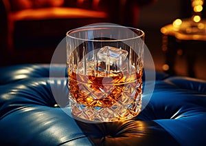 Luxury crystal glass of whiskey with ice on blue leather sofa in restaurant lounge.Macro.AI Generative