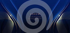 Luxury curve golden lines on dark blue background with lighting effect copy space for text. Luxury design style