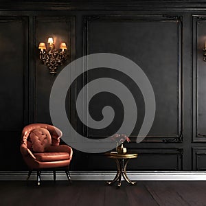 Luxury dark background wall with a chair , dark background wallpaper design photo