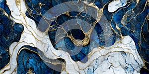 Luxury dark blue alcohol ink abstract fluid art waves painting background with golden glitter veins texture