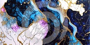 Luxury dark blue lilac alcohol ink abstract fluid art waves painting background with golden glitter veins texture