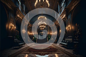 Luxury dark and classic hotel lobby with furniture, Generative AI
