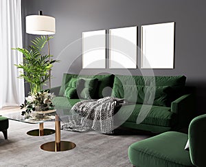Luxury dark living room design, green furniture on gray wall in modern design
