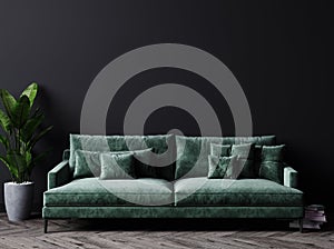 Luxury dark living room interior background, black empty wall mock up, living room mock up, modern living room with green sofa and
