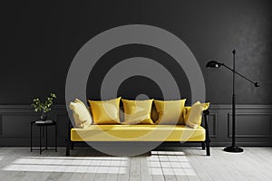 Luxury dark living room interior background, black empty wall mock up, modern living room with yellow sofa and black lamp and