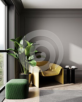 Luxury dark living room interior background, gray empty wall mock up, living room mock up, modern living room with yellow armchair