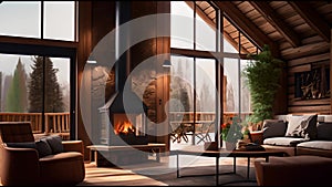 Luxury decorated interior of wooden chalet with big windows and firewood. Chalet interior