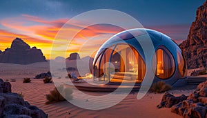 Luxury Desert Glamping or Geo-Domes. Igloo tents in sunset landscape