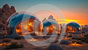 Luxury Desert Glamping or Geo-Domes. Igloo tents in sunset landscape