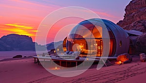 Luxury Desert Glamping in Jordan. Igloo tents in sunset landscape..Warm sunset lighting on a luxury desert dome resort.Igloo