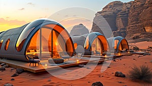 Luxury Desert Glamping in Jordan. Igloo tents in sunset landscape..Warm sunset lighting on a luxury desert dome resort.Igloo