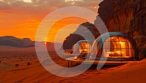 Luxury Desert Glamping in Jordan. Igloo tents in sunset landscape..Warm sunset lighting on a luxury desert dome resort.Igloo