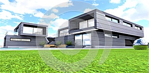 Luxury design cottage constructed in ecologicaly clean region. Spaciouse territory of hte estate. 3d rendering photo
