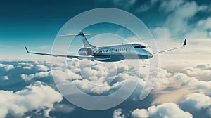 Luxury design private jet flying over the clouds AI generated image