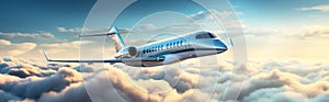 Luxury design private jet flying over the clouds in the sky on a clear day. Travel background and wide aerial banner