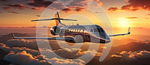 Luxury design private jet flying over the clouds in the sky at sunset. Travel background and wide aerial banner