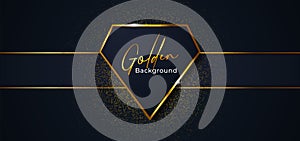 Luxury diamond shape golden badge frame vector illustration. Dark blue background with ribbon and glitter effect ornament