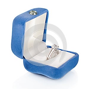 Luxury Diamond Wedding Ring in Blue Velvet Silk Box