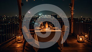 Luxury dining outdoors, city skyline illuminated beautifully generated by AI