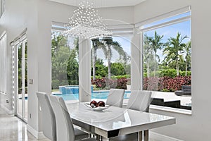 Luxury dining with pool view.