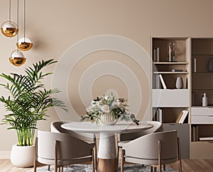 luxury dining room design, bright beige interior apartment with marble dining room table