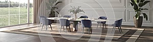 Luxury dining room with sun light and nature view . Table with service and plants. 3d render illustration interior
