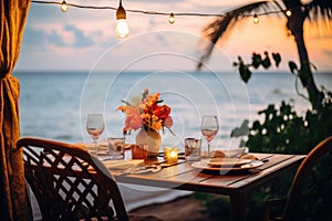 Luxury dinner table beach. Generate Ai