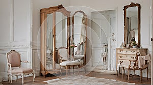 luxury dressing room with an antique wardrobe, a vanity with an antique mirror, and an upholstered chair. side view