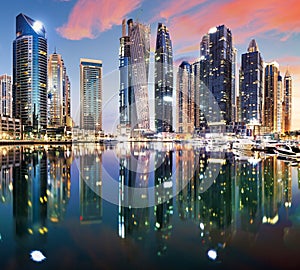 Luxury Dubai Marina canal and promenade in beautiful summer day,Dubai,United Arab Emirates