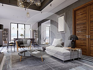 Luxury duplex loft-style apartment, contemporary furniture and brick walls with designer fireplace in the interior, interior