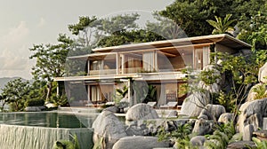 a luxury eco-resort nestled amidst lush greenery, with modern architecture