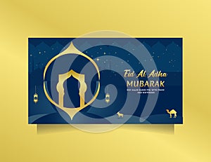 Luxury Eid al adha greeting for social media post and banner with blue gold color. Vector illustration islamic background with