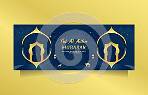 Luxury Eid al adha greeting for social media post and banner with blue gold color. Vector illustration islamic background with