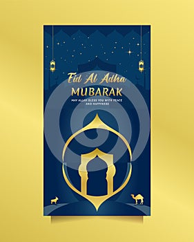 Luxury Eid al adha greeting for social media post and story with blue gold color. Vector illustration islamic background with