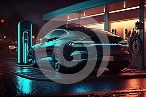 Luxury electro car on a charging station at night, Generative AI