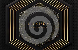 Luxury elegant 3d hexagon shape background with shimmering gold dotted pattern and lines isolated on black.