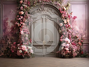 luxury elegant background door beautiful pink flowers , big windows , room for copyempty