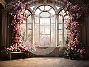 luxury elegant Garden background prop beautiful pink flowers , big windows , room for copyempty