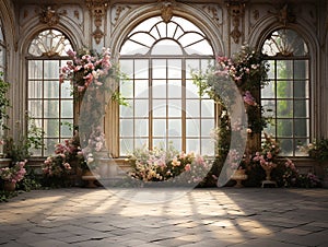 luxury elegant Garden background prop beautiful pink flowers , big windows , room for copyempty