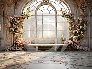 luxury elegant Garden background prop beautiful pink flowers , big windows , room for copyempty