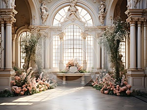 luxury elegant Garden background prop beautiful pink flowers , big windows , room for copyempty