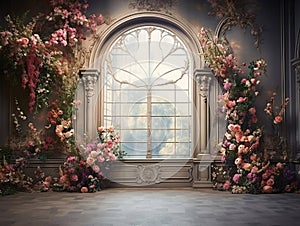 luxury elegant Garden background prop beautiful pink flowers , big windows , room for copyempty