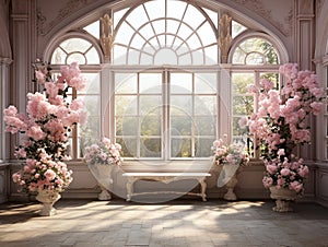 luxury elegant Garden background prop beautiful pink flowers , big windows , room for copyempty