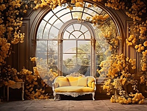 luxury elegant Garden background prop beautiful yellow flowers , big windows , room for copyempty