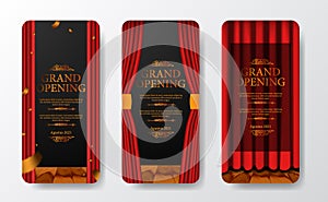 Luxury elegant grand opening social media stories template with red curtain at stage theater with golden confetti