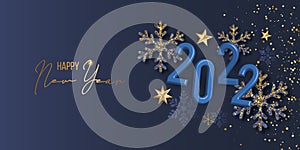 Luxury Elegant Merry Christmas and happy new year Poster Template with Shining Gold Snowflakes and balls on blue background.