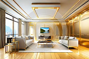 luxury elegant modern futuristic gold living room with big windows minimalistic mockup