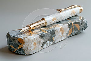 Luxury elegant pen on decorative stone adorned with floral patterns writing concept photo
