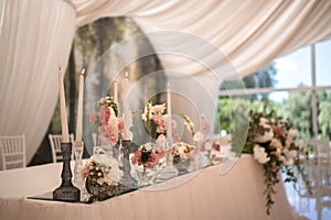 Luxury, elegant wedding reception table arrangement, floral centerpiece